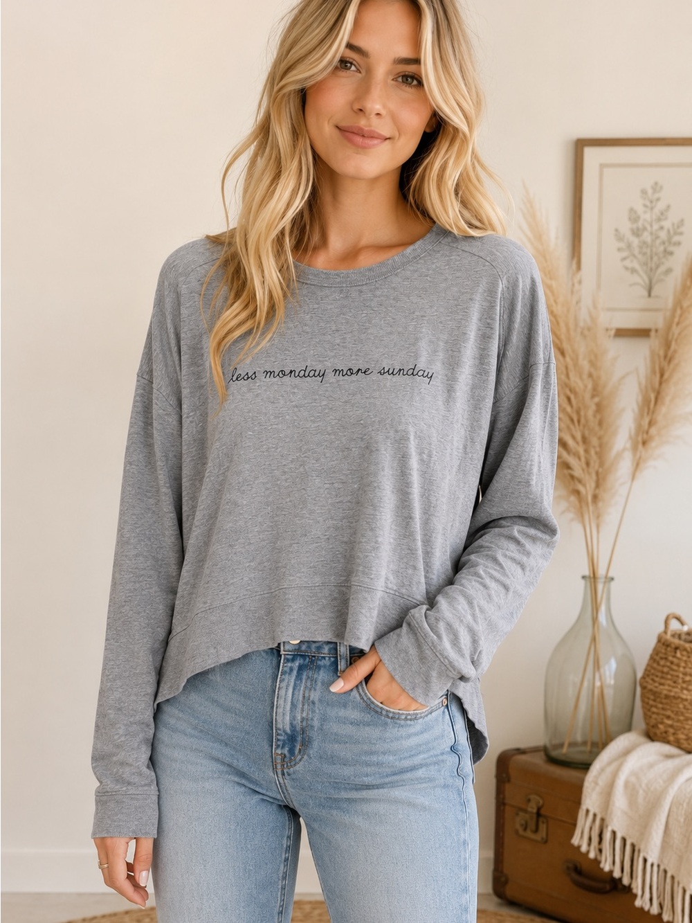 GAP Gray Crewneck Sweatshirt with 'less monday more sunday' Script